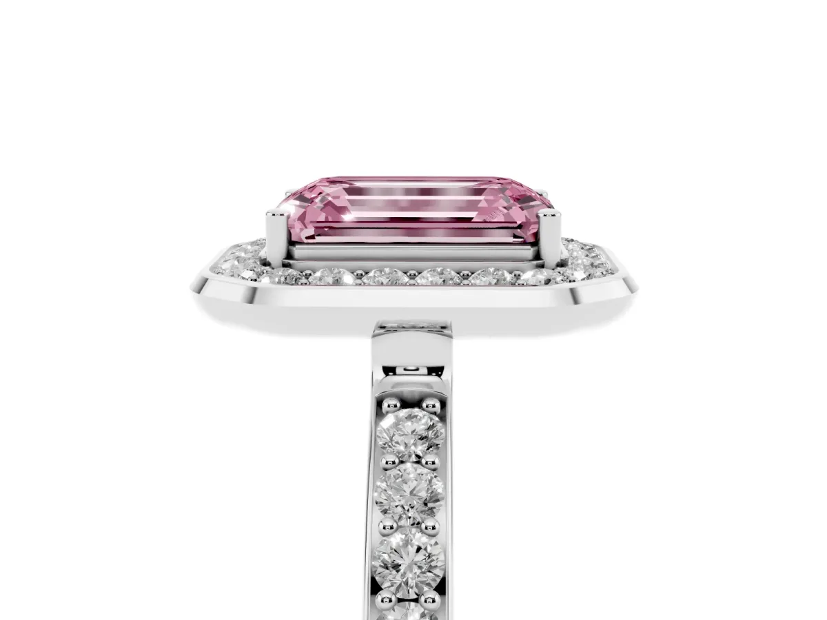 Fancy Pink Emerald Cut Diamond Halo Ring with Bezel Frame and Pavé Band Silver