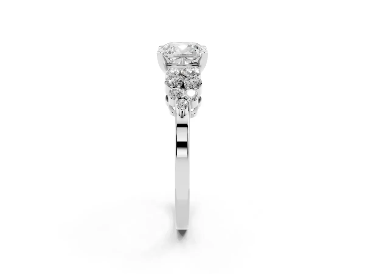 Cushion Cut Cluster Diamond Engagement Ring with Pavé Band and Four-Prong Setting Silver