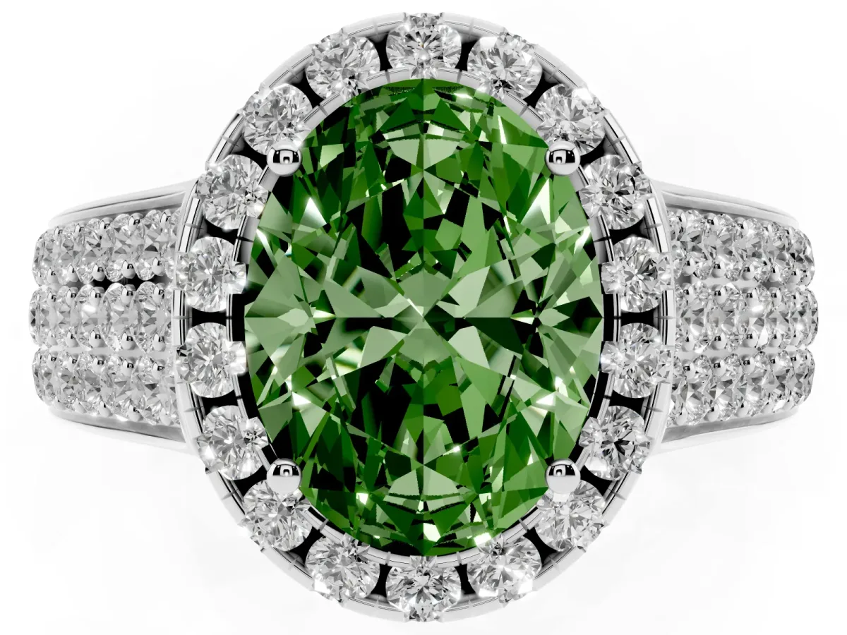 Fancy Green Oval Cut Halo Round Diamond Pave Band with Prong Setting Silver