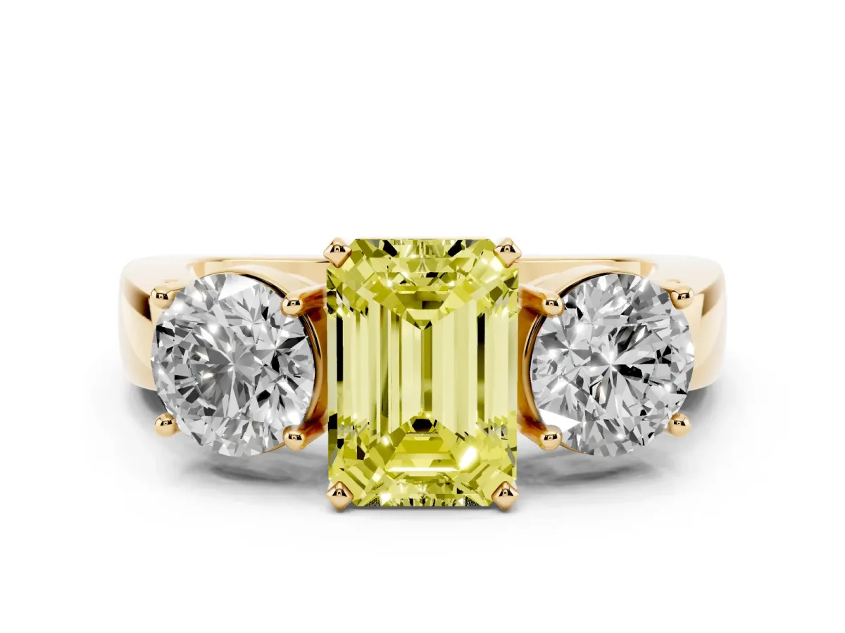 Fancy Yellow Three-Stone Emerald Cut Diamond Ring with Round Side Stones, Classic Band, and Four-Prong Setting Yellow gold