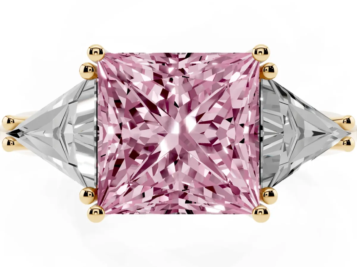 Fancy Pink Three-Stone Princess Cut Diamond Engagement Ring with Trillion Side Stones and Prong Setting Yellow gold