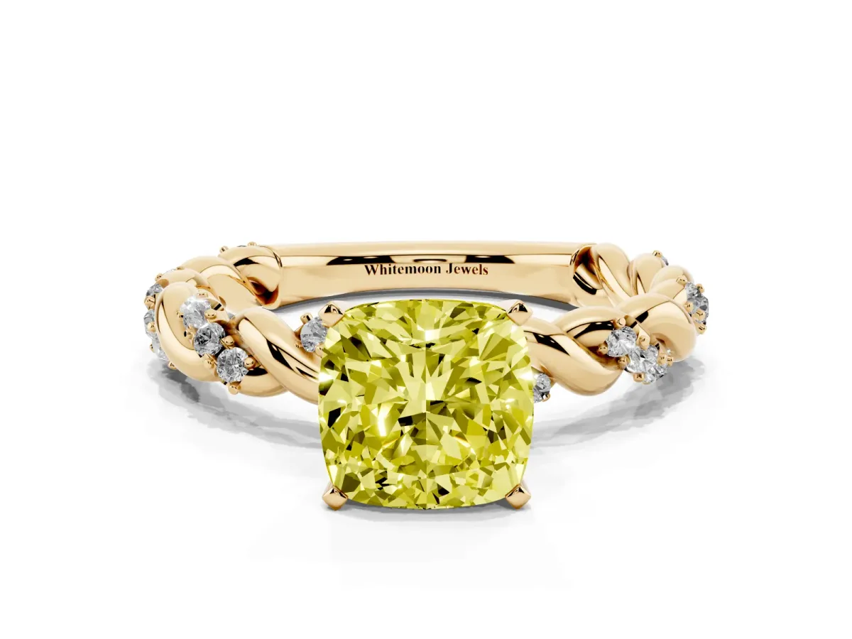 Fancy Yellow Cushion Cut Diamond Solitaire Ring with Twisted Band and Pavé Accents Yellow gold