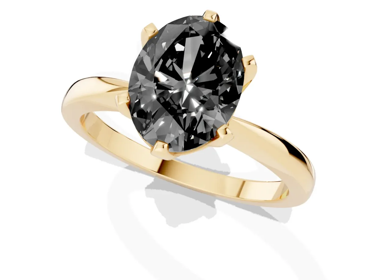 Fancy Black Oval Cut Solitaire Engagement Ring with Six-Prong Setting and Tapered Band Yellow gold