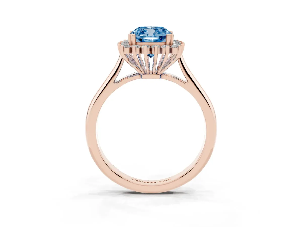 Fancy Blue Cushion Cut Cut Diamond Halo Ring with Solitaire Band and Prong Setting Rose gold