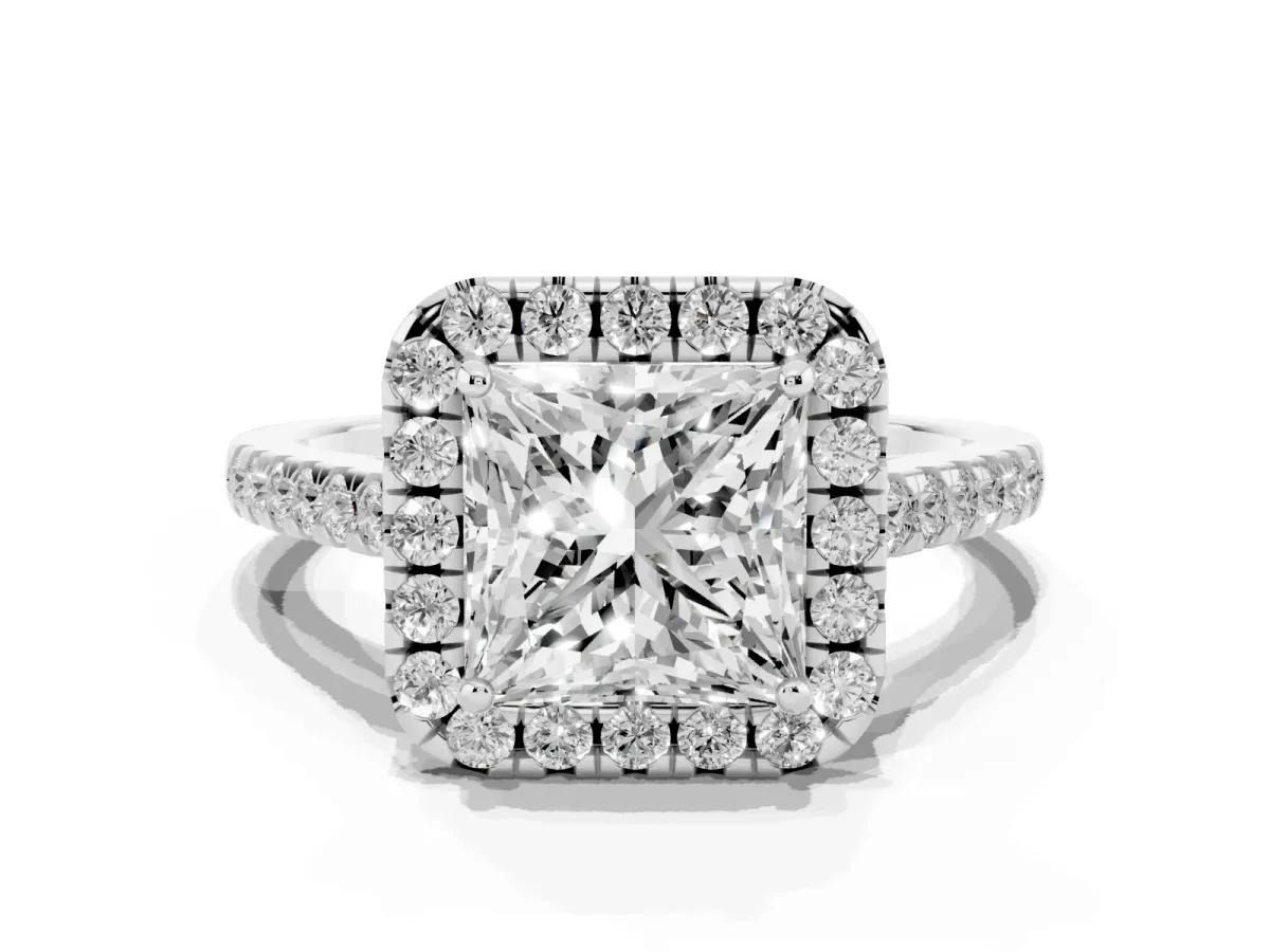 Princess Cut Halo Pavé Diamond Engagement Ring with Four-Prong Setting Silver