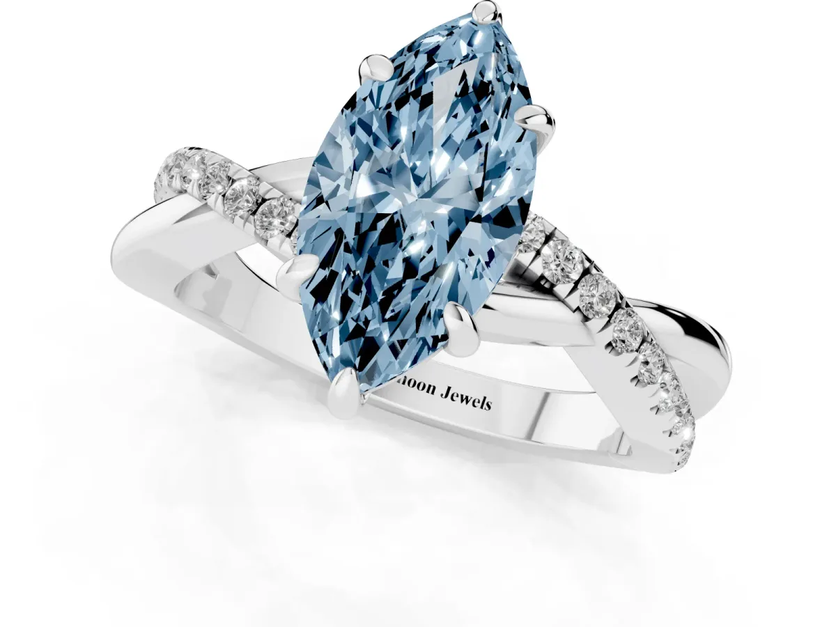 Fancy Blue Marquise Cut Cut Diamond Twist Band Solitaire with Prong Setting Silver