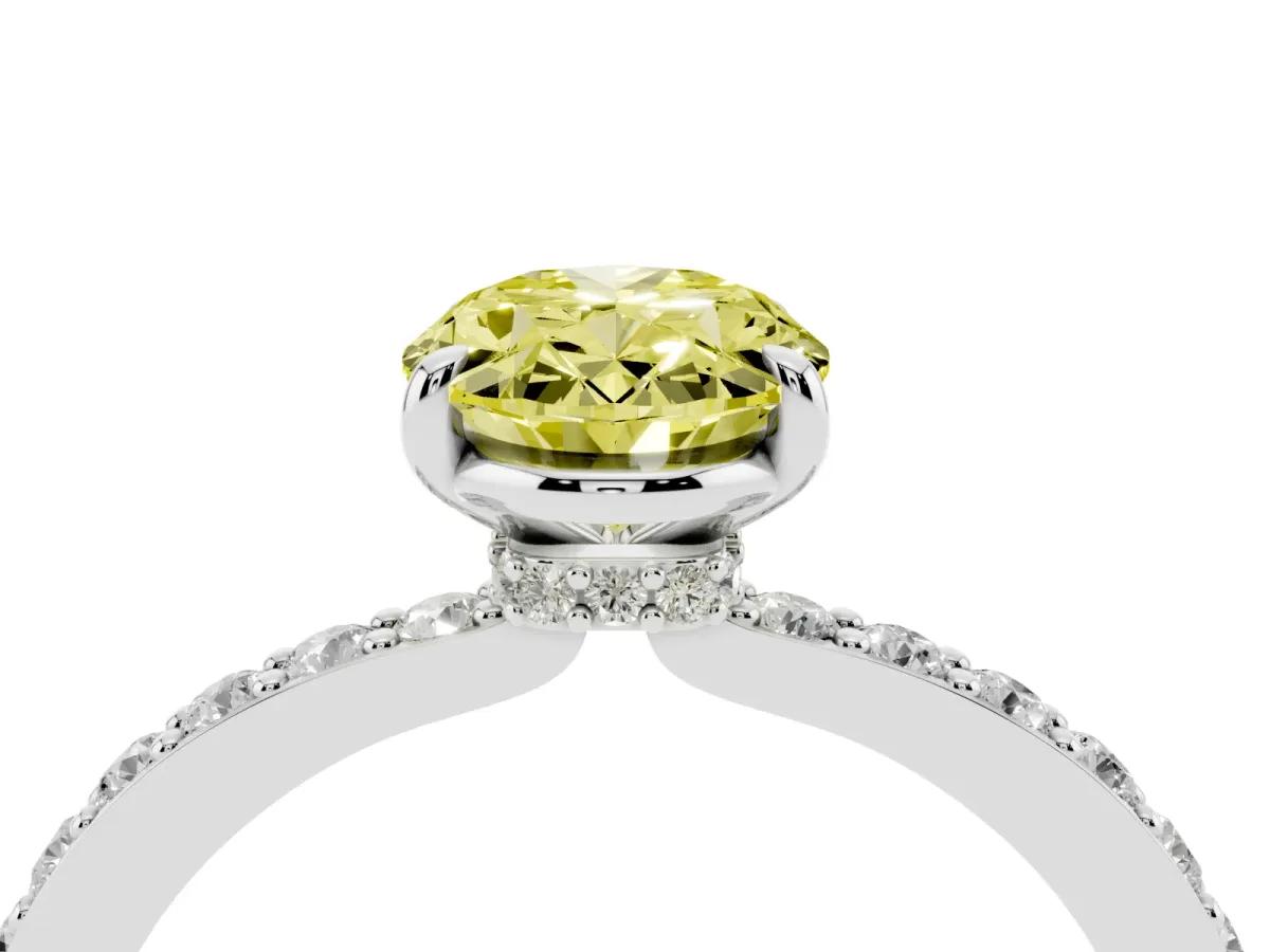 Fancy Yellow Oval Cut Diamond Pavé Engagement Ring with Round Accents and Prong Setting Silver
