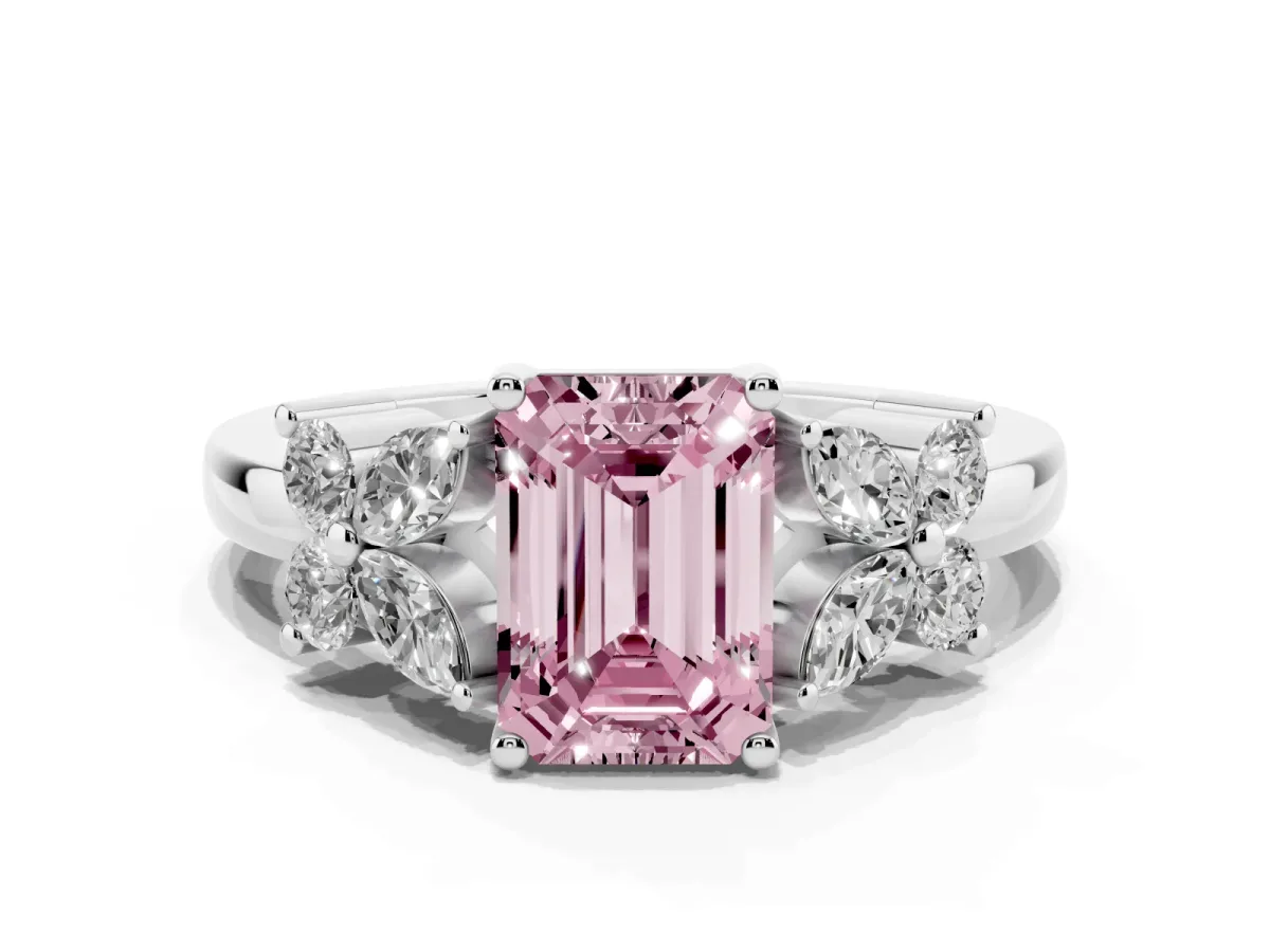 Fancy Pink Emerald Cut Diamond Floral Cluster Ring with Solitaire Band and Prong Setting Silver