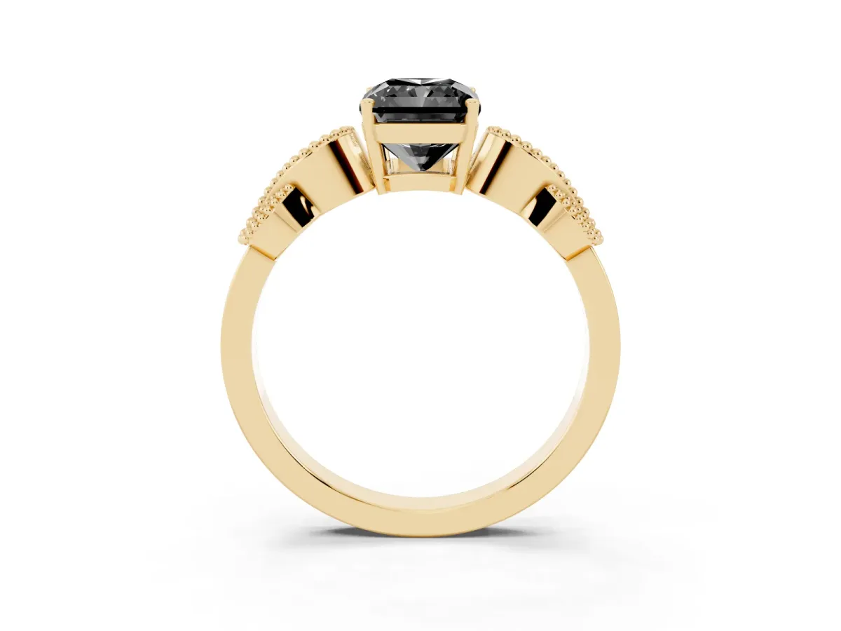 Fancy Black Princess Cut Solitaire Milgrain Leaf Band with Prong Setting Yellow gold