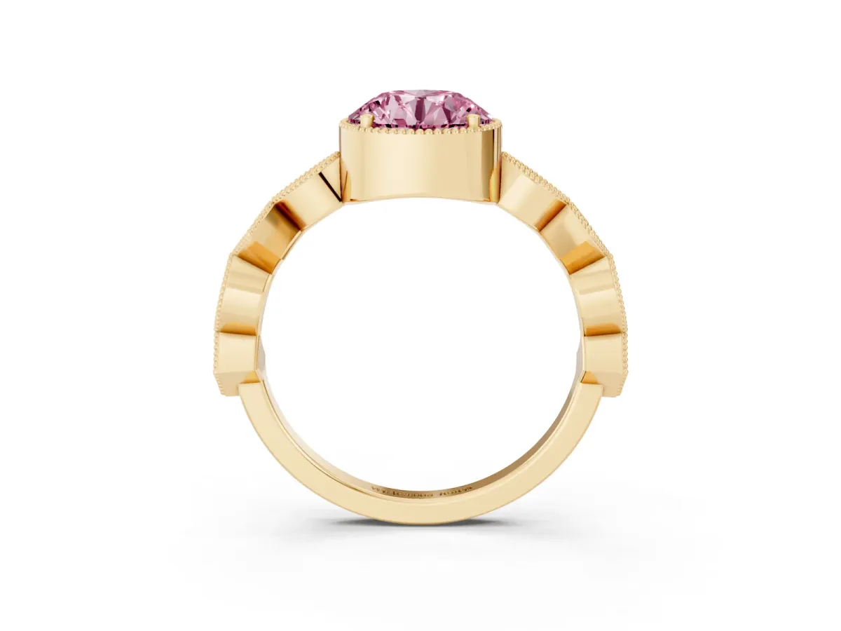 Fancy Pink Round Cut Milgrain Marquise Diamond Twist Band Ring Yellow gold