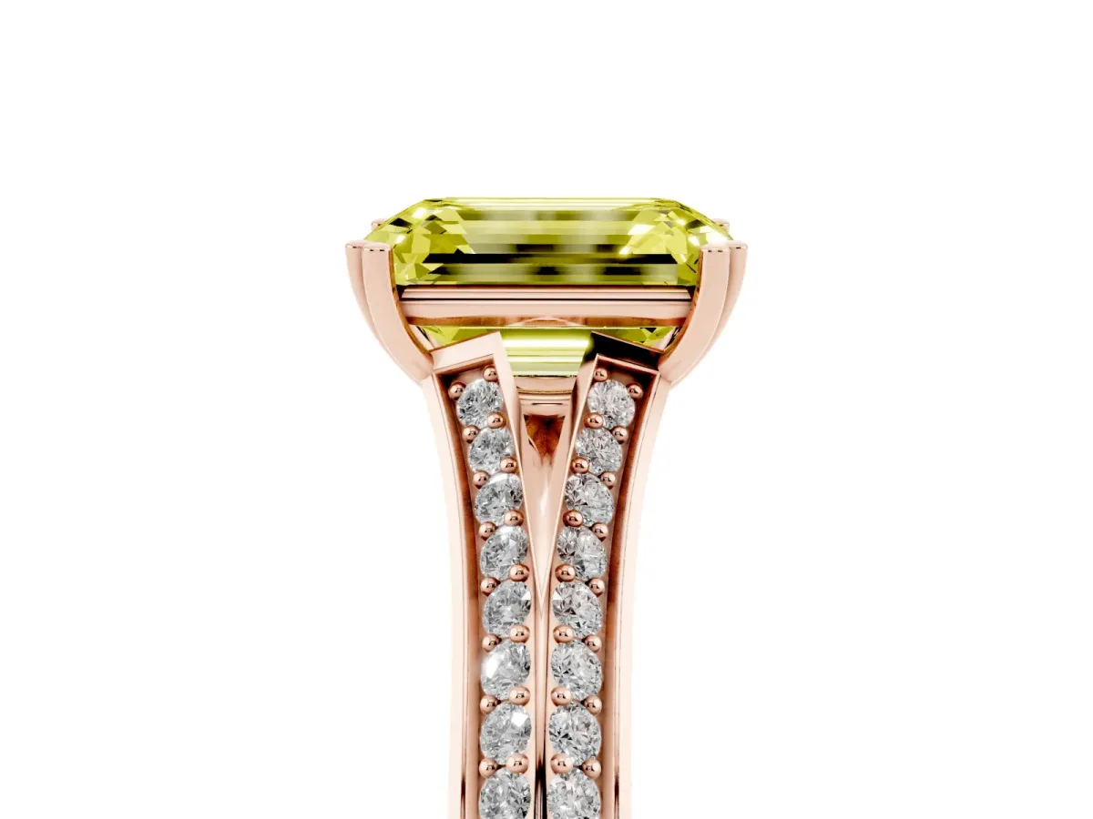 Fancy Yellow Emerald Cut Diamond Split Shank Engagement Ring with Pavé Band Rose gold