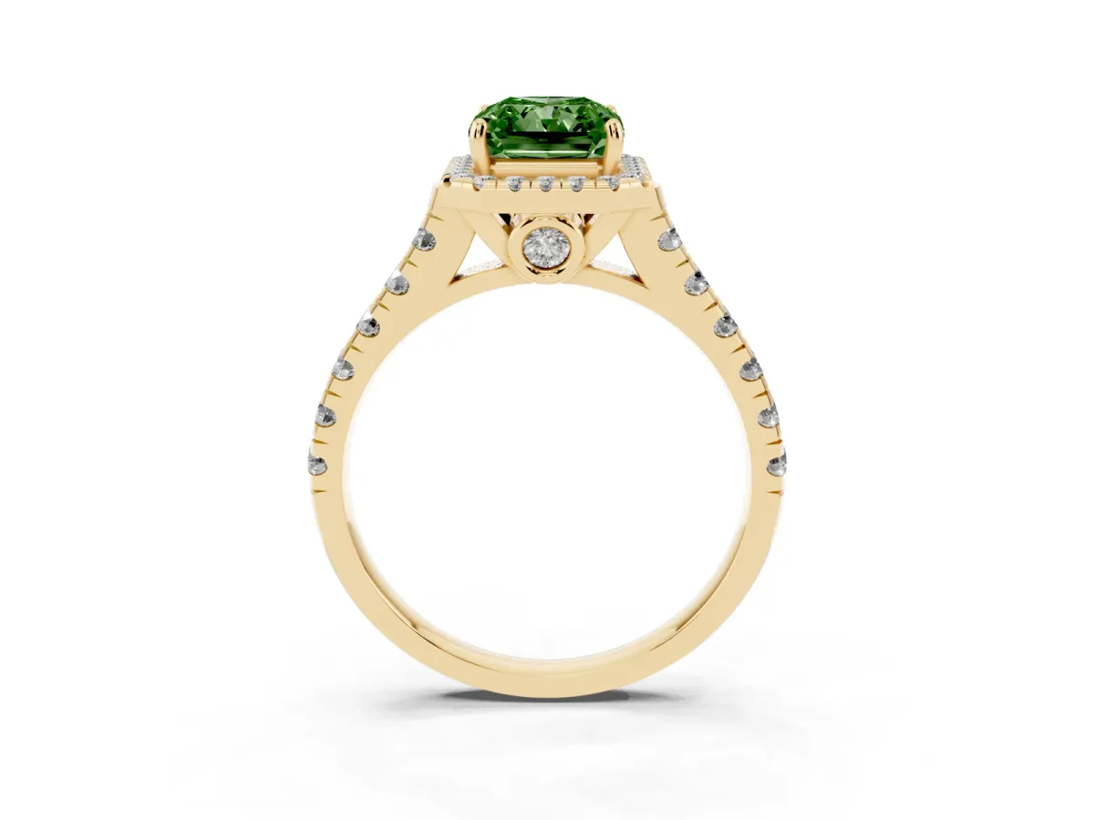 Fancy Green Radiant Cut Halo Pavé Diamond Engagement Ring with Four-Prong Setting Yellow gold