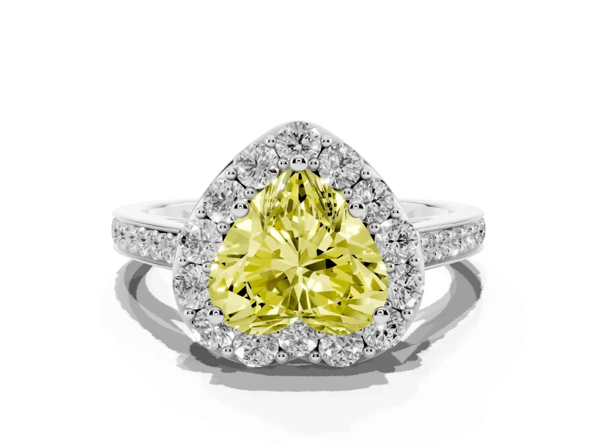 Fancy Yellow Heart Cut Diamond Floral Halo Ring with Pavé Band and Prong Setting Platinum