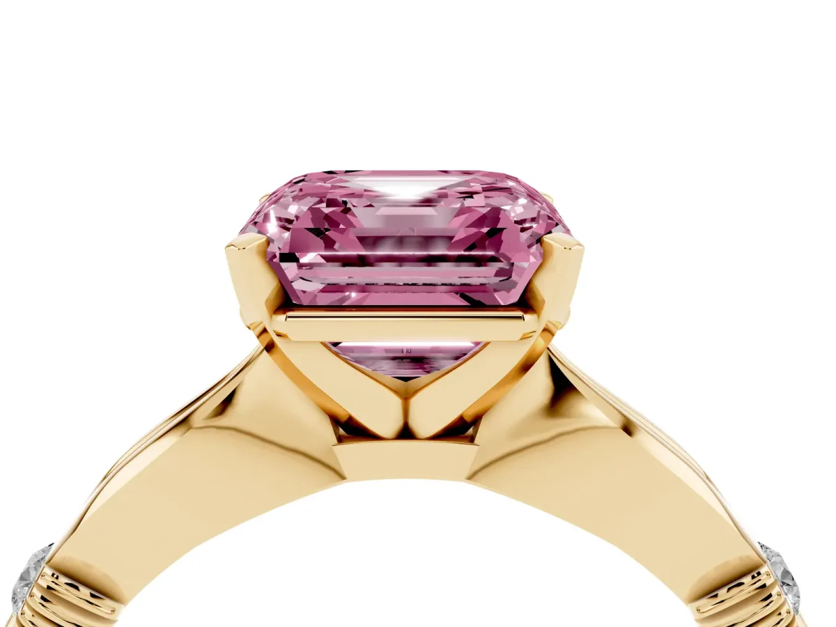 Fancy Pink Asscher Cut Solitaire Diamond Twisted Band with Four-Prong Setting Yellow gold