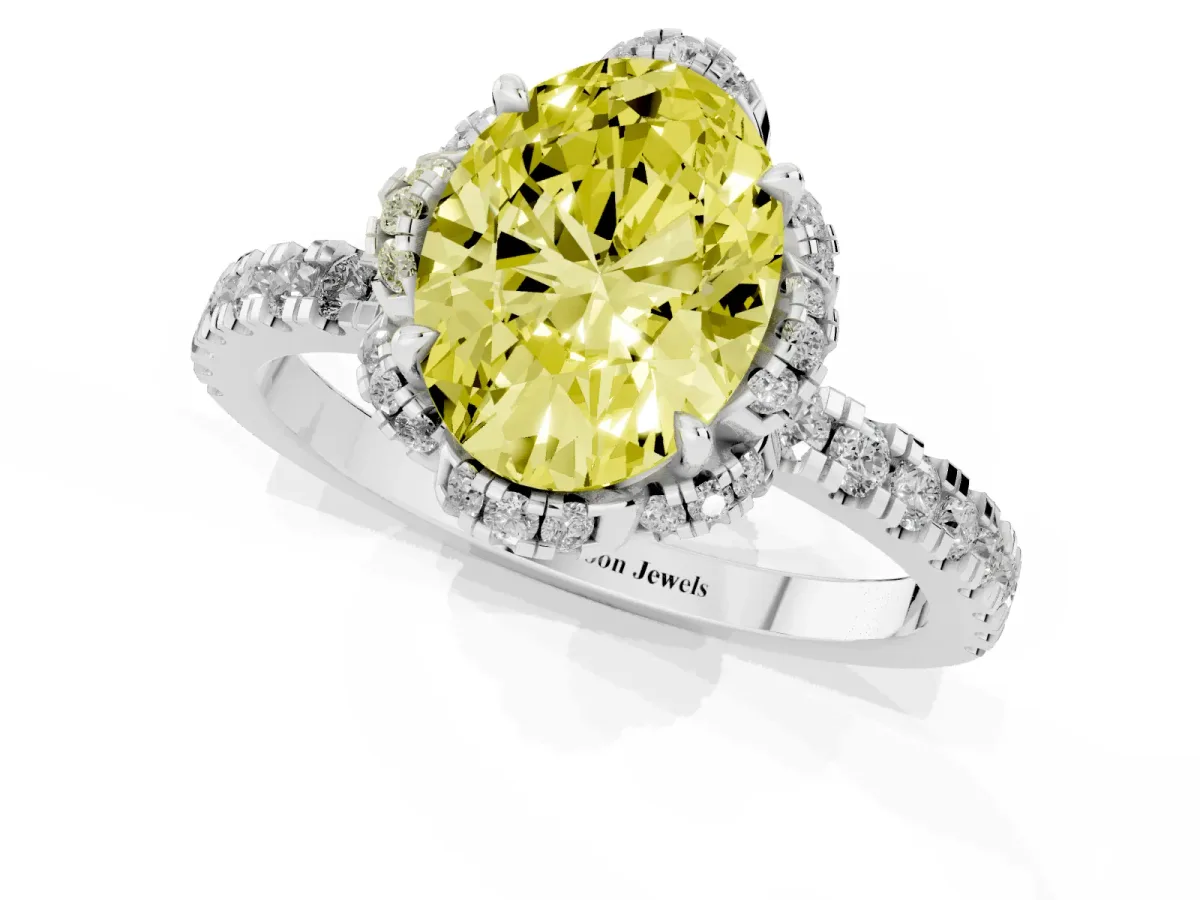 Fancy Yellow Oval Cut Halo Diamond Pave Band Ring with Four-Prong Setting Silver