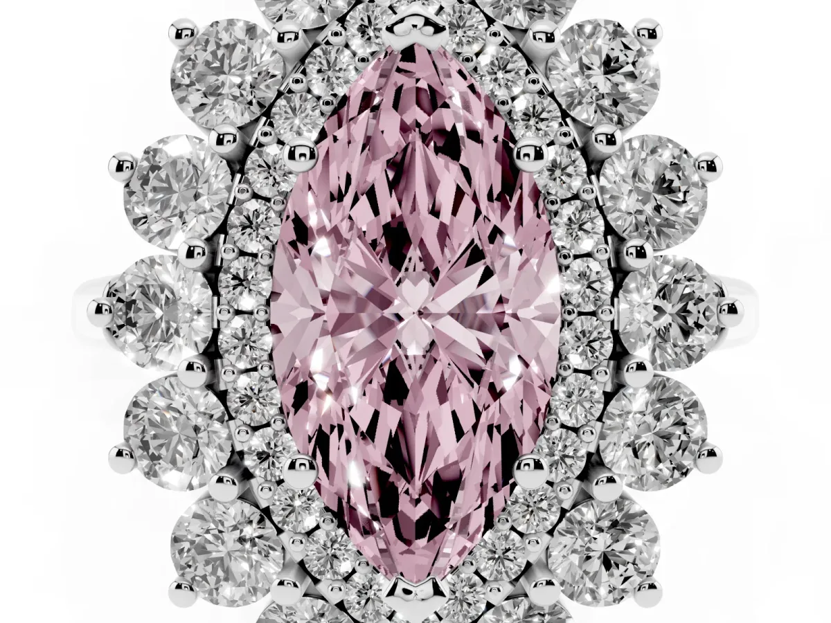 Fancy Pink Marquise Cut Diamond Floral Double Halo Engagement Ring with Prong Setting Silver