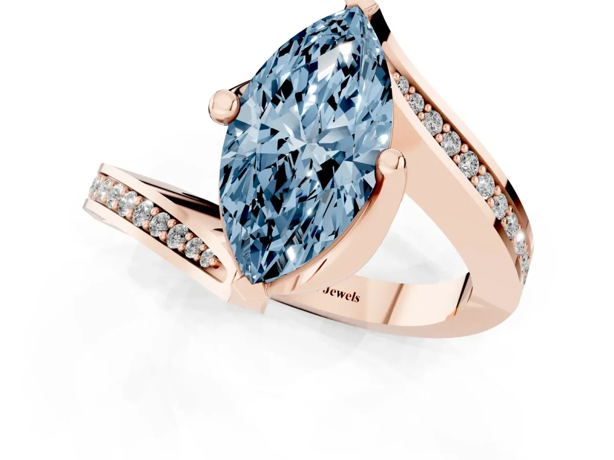 Fancy Blue Marquise Cut Solitaire Diamond Twist Band with Pavé Setting and Four-Prong Setting Rose gold