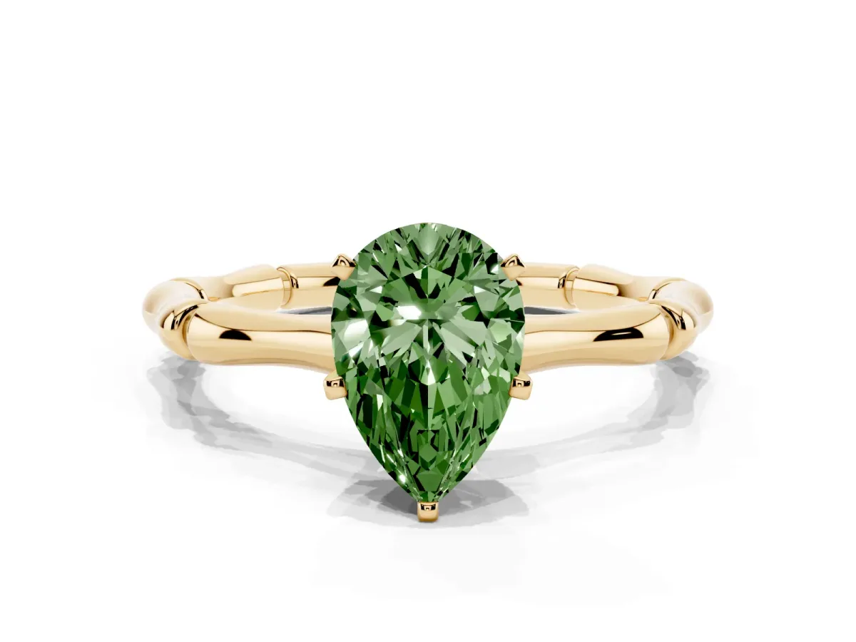 Fancy Green Pear Cut Solitaire Diamond Ring with Bamboo Band and Four-Prong Setting Yellow gold
