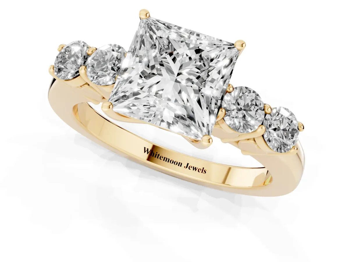 Princess Cut Cut Diamond Five-Stone Prong Set White Gold Ring Yellow gold