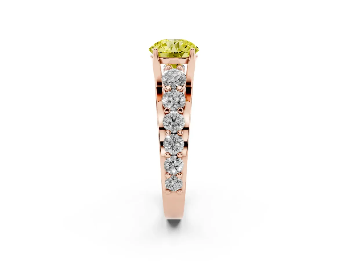Fancy Yellow Round Cut Diamond Engagement Ring with Pavé Band and Four-Prong Setting Rose gold