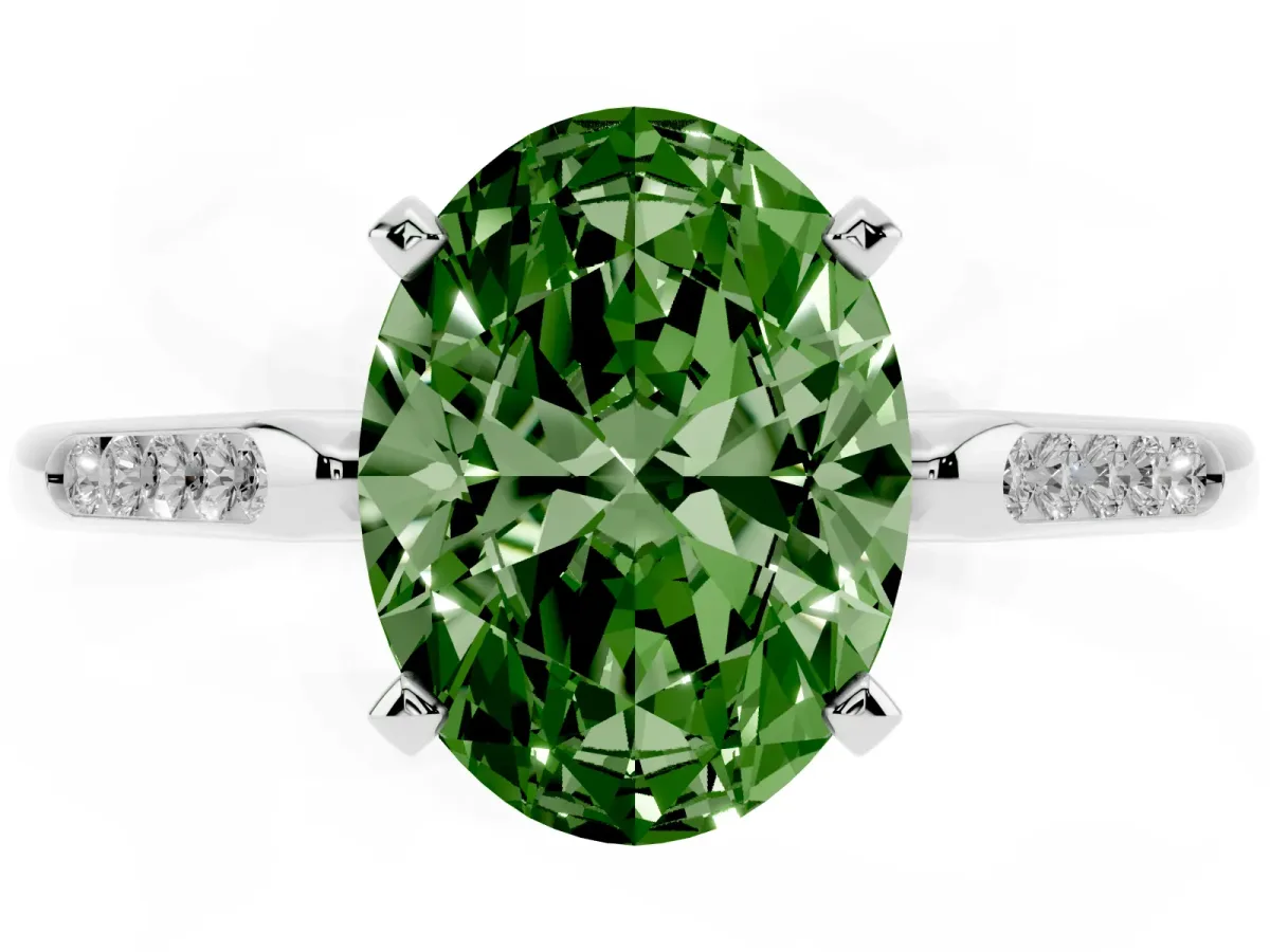 Fancy Green Oval Cut Diamond Solitaire Ring with Channel Set Round Band and Prong Setting Silver