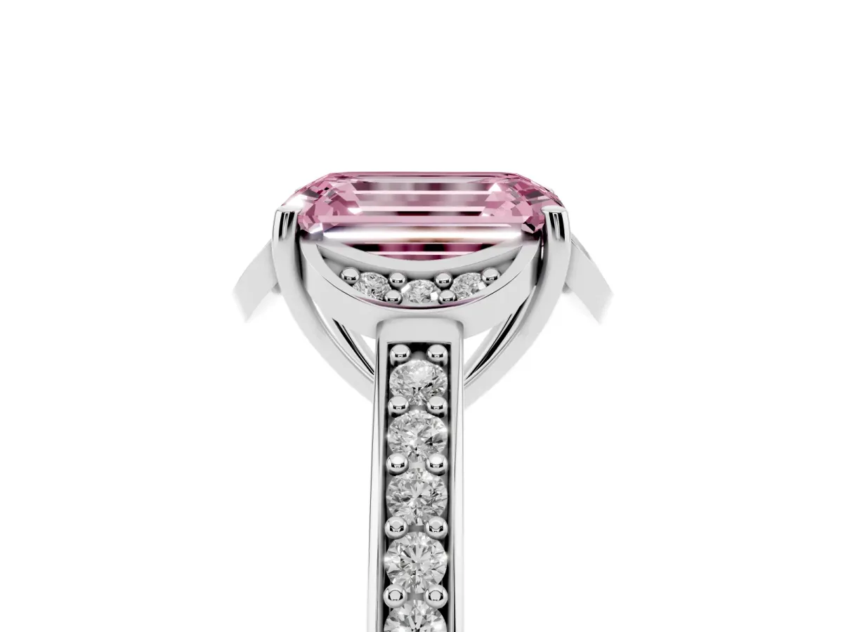 Fancy Pink Emerald Cut Cut Halo Diamond Ring with Channel Set Band and Four-Prong Setting White gold