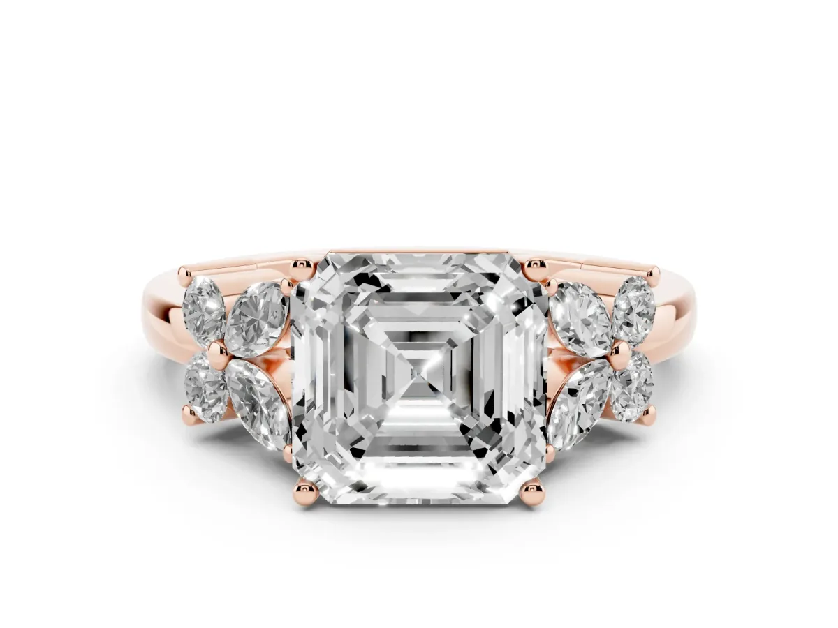 Asscher Cut Diamond Floral Cluster Ring with Solitaire Band and Prong Setting Rose gold