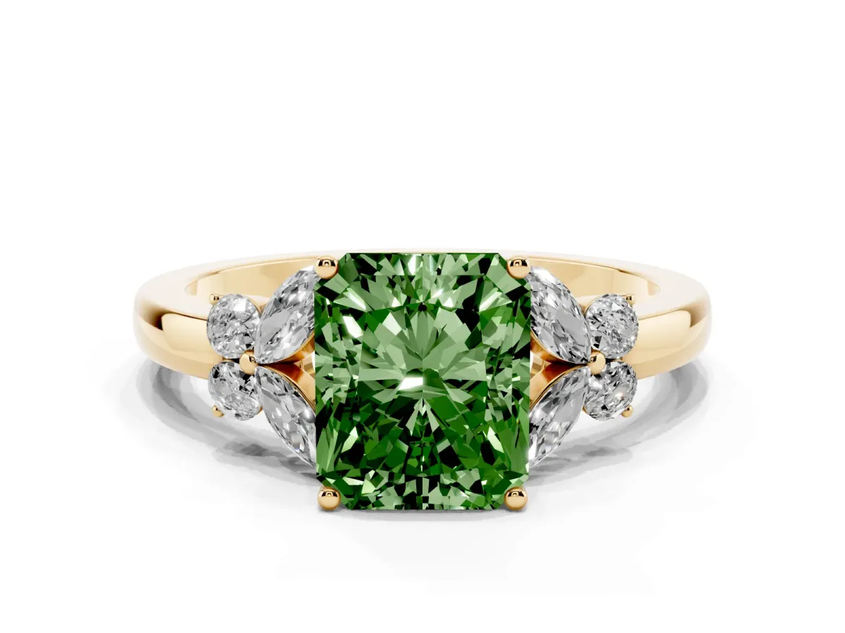 Fancy Green Radiant Cut Cut Solitaire Floral Diamond Ring with Four-Prong Setting Yellow gold