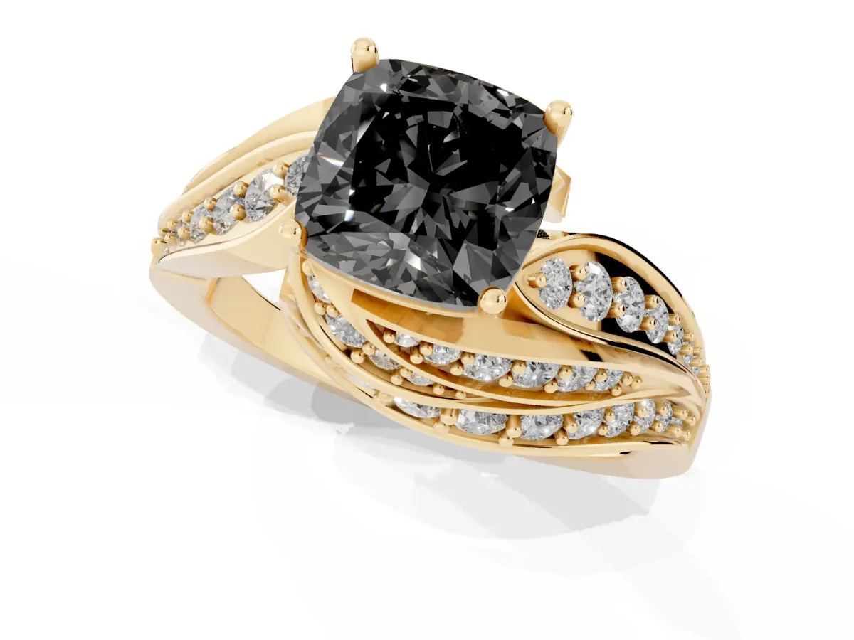 Fancy Black Cushion Cut Diamond Solitaire Ring with Prong Setting and Twisted Pavé Band Yellow gold