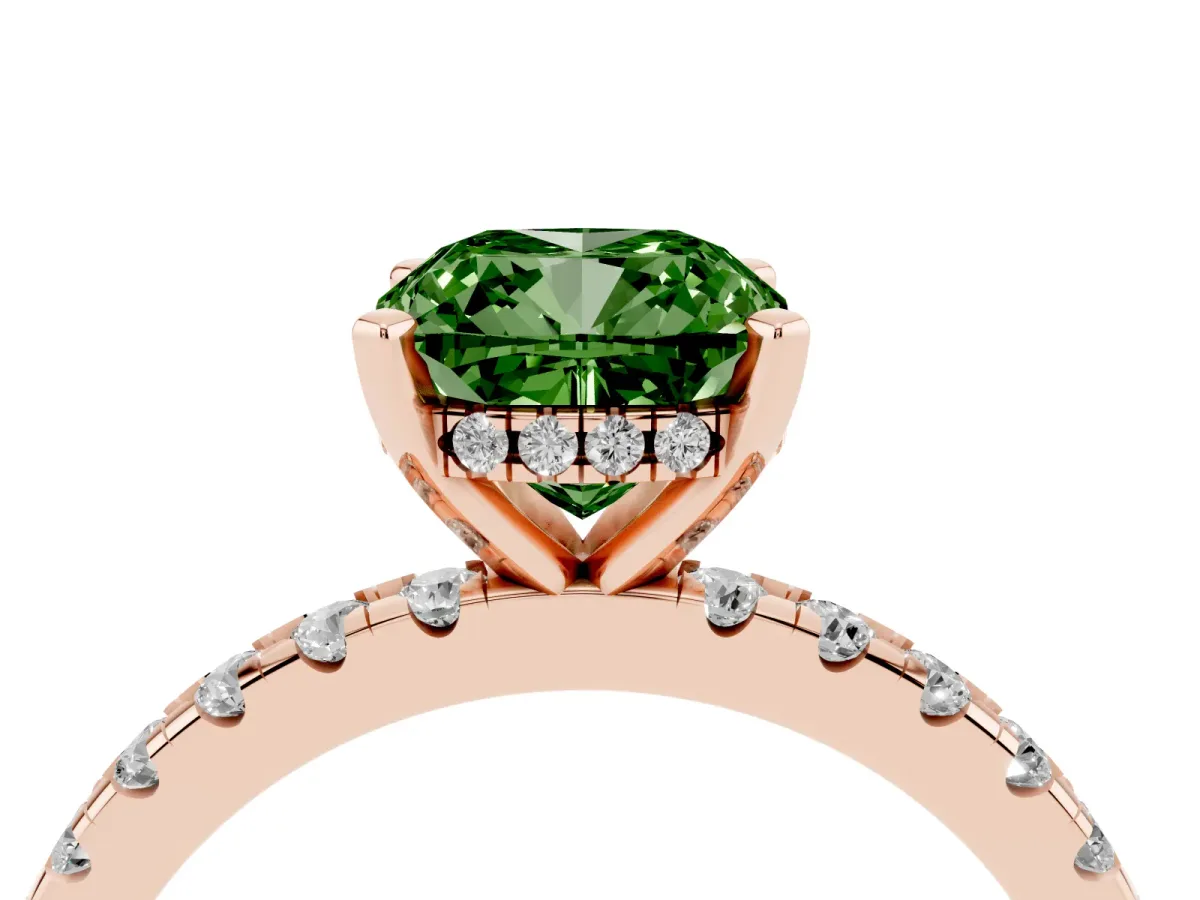 Fancy Green Cushion Cut Diamond Solitaire Ring with Round Pavé Band and Four-Prong Setting Rose gold
