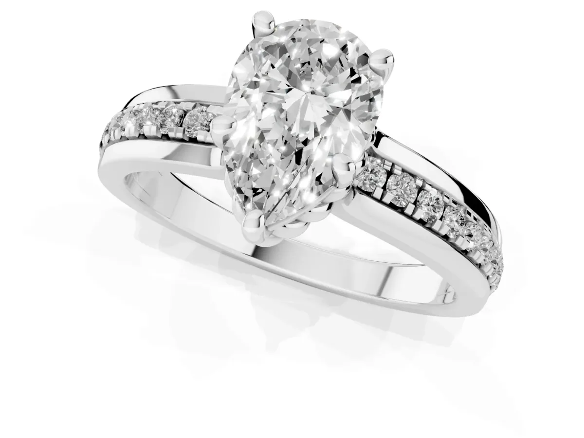 Pear Cut Solitaire Diamond Ring with Channel Set Band and Six-Prong Setting Silver