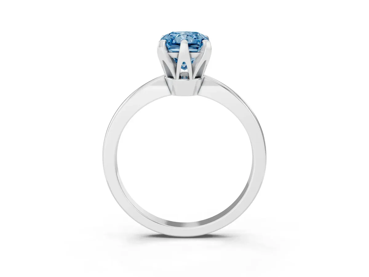Fancy Blue Radiant Cut Solitaire Engagement Ring with Six-Prong Setting and Tapered Band Silver