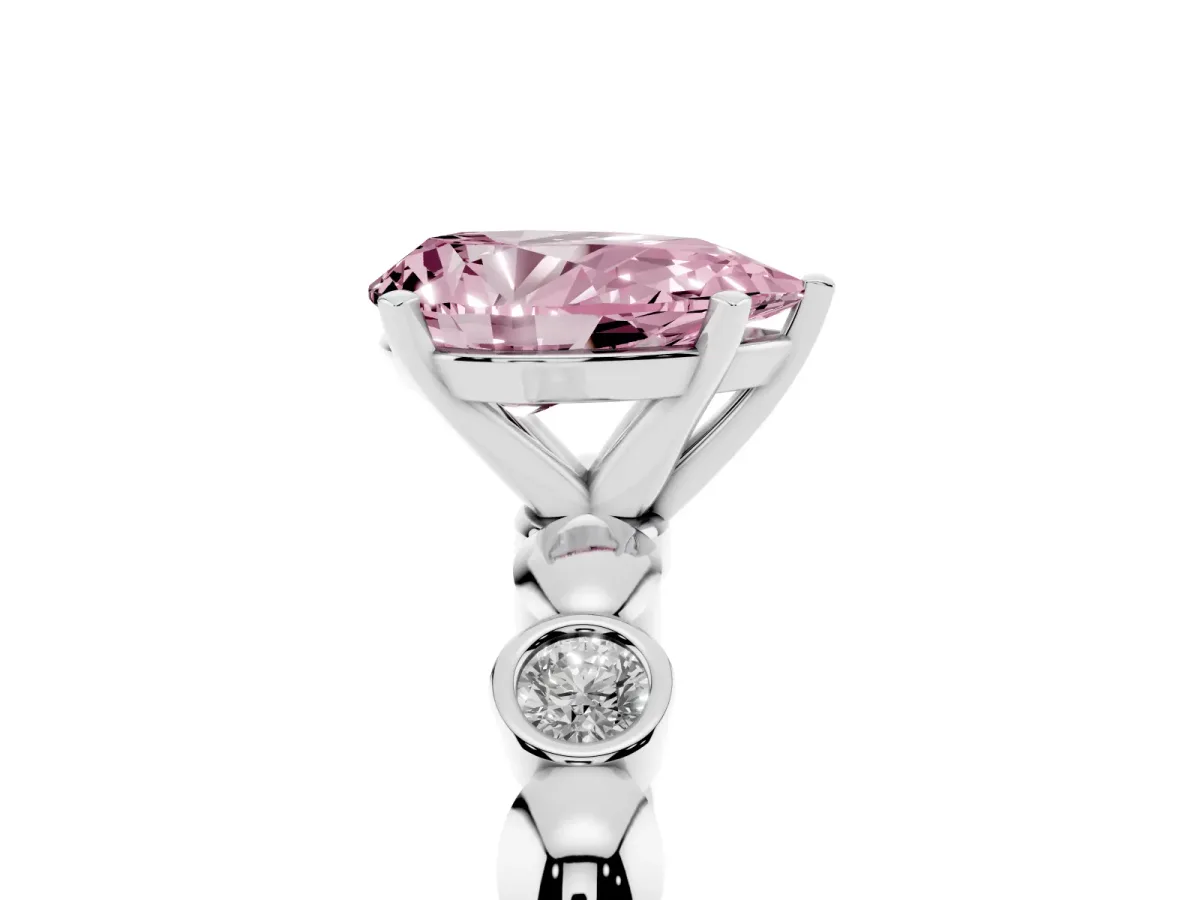 Fancy Pink Pear Cut Solitaire Bezel-Set Diamond Ring with Beaded Band and Four-Prong Setting Silver