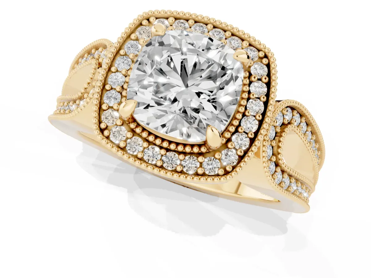 Cushion Cut Halo Split Shank Milgrain Diamond Ring Yellow gold