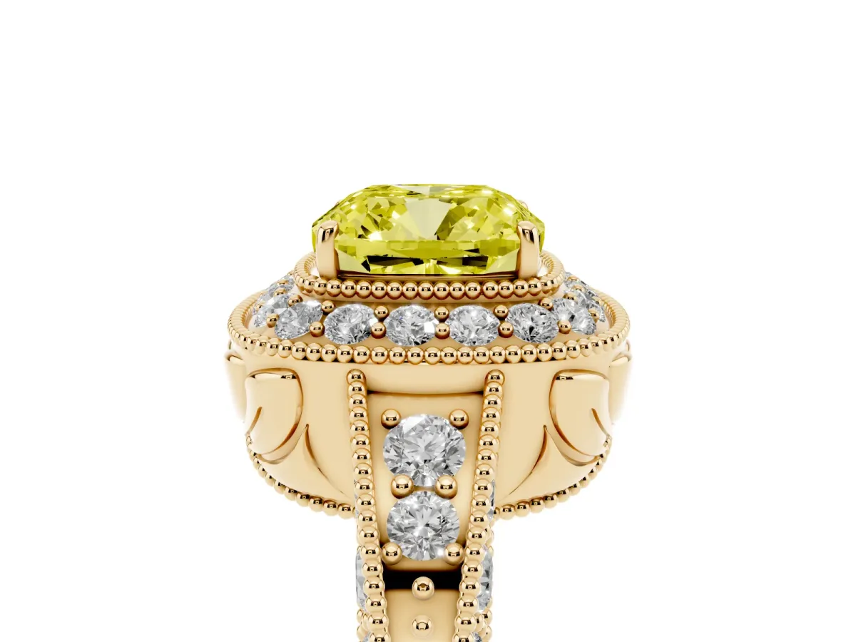 Fancy Yellow Cushion Cut Halo Diamond Split Shank Ring with Milgrain Detail Yellow gold