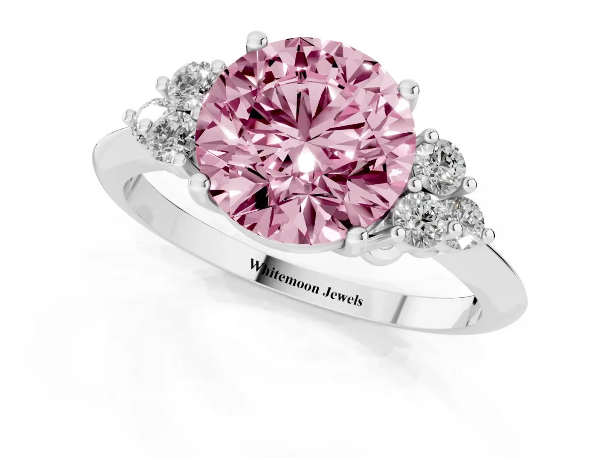 Fancy Pink Round Cut Cut Diamond Cluster Ring with Solitaire Band and Four-Prong Setting Silver