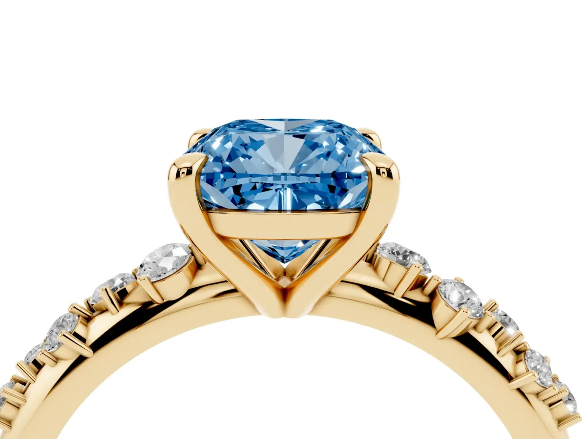 Fancy Blue Cushion Cut Cut Diamond Vine Band with Four-Prong Setting Yellow gold