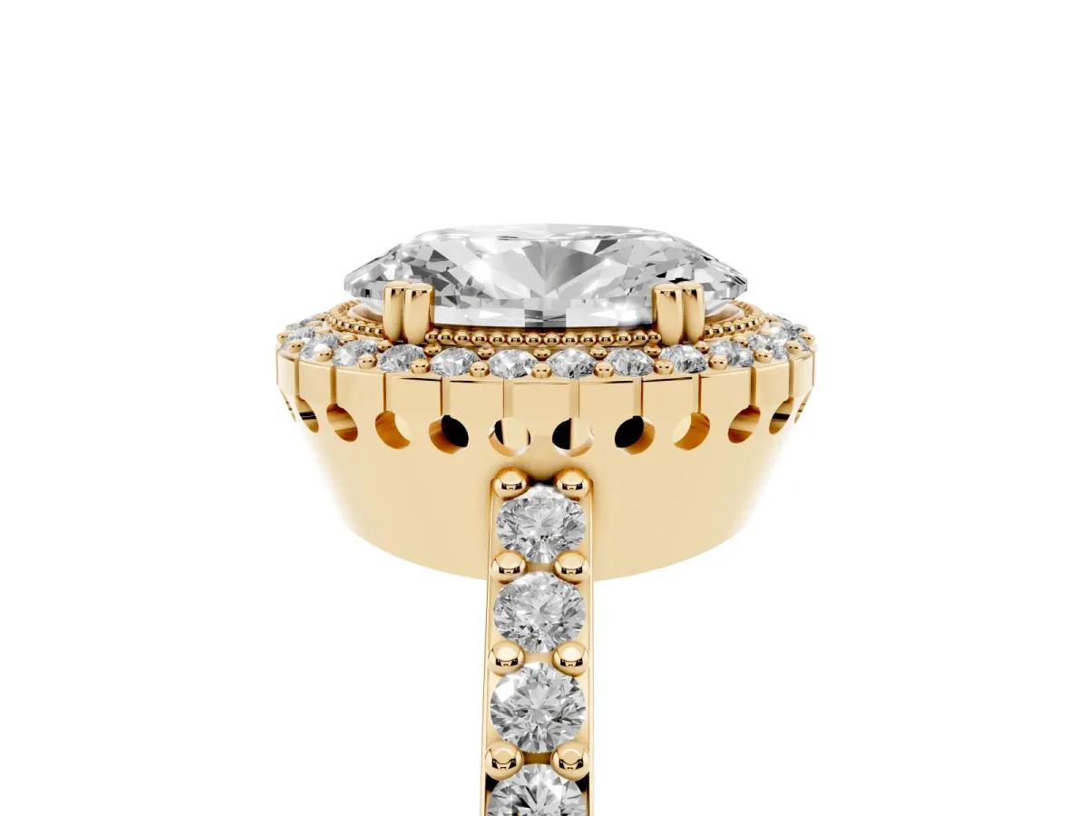 Oval Cut Cut Diamond Halo Engagement Ring with Milgrain Detail and Pavé Band Yellow gold