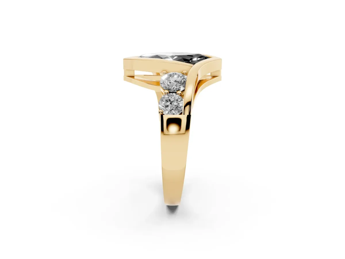 Fancy Black Bezel Set Marquise Cut Diamond Bypass Ring with Round Accents Yellow gold