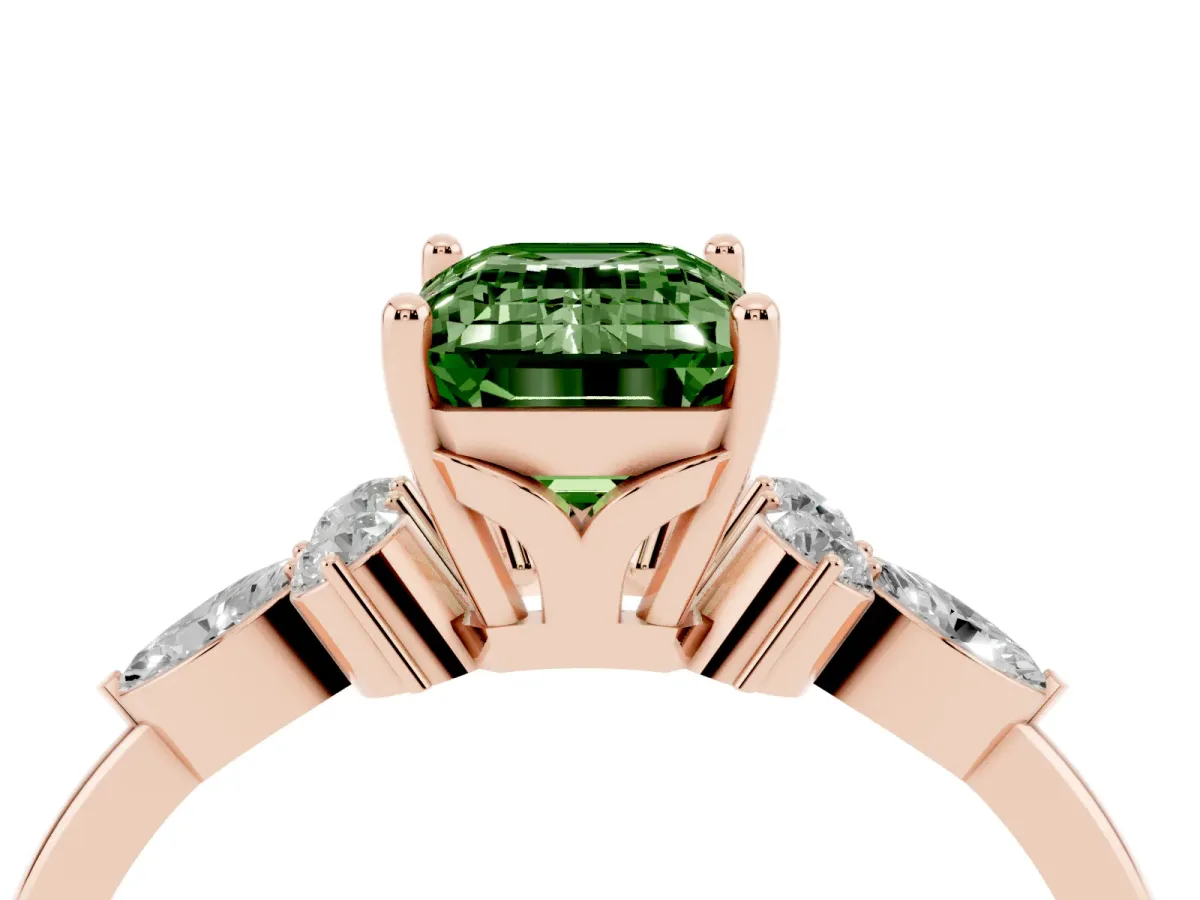 Fancy Green Emerald Cut Brilliant Diamond Solitaire Ring with Pear Side Stones and Four-Prong Setting Rose gold