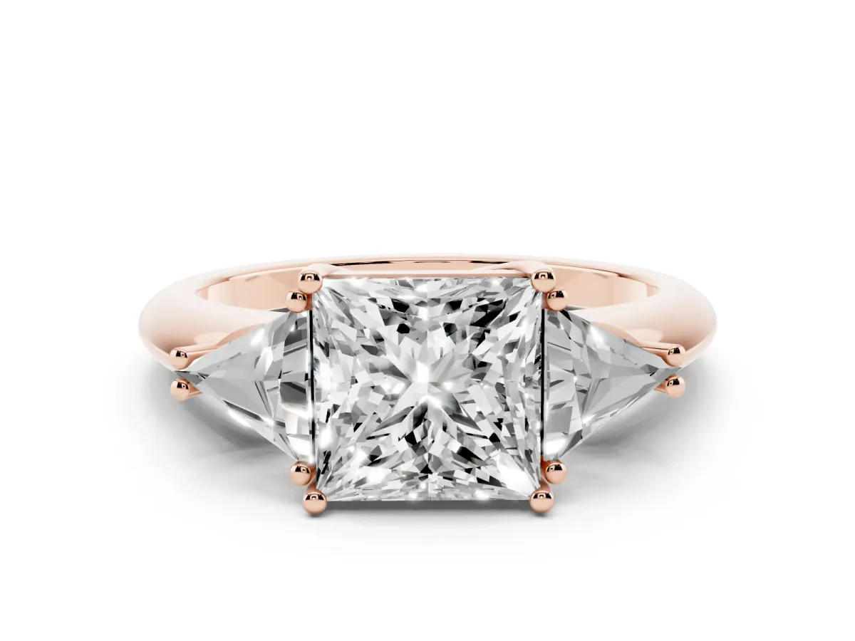 Three-Stone Princess Cut Diamond Engagement Ring with Trillion Side Stones and Prong Setting Rose gold
