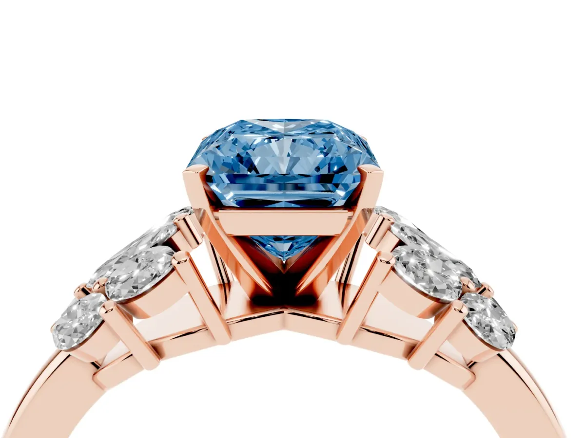 Fancy Blue Radiant Cut Diamond Cluster Leaf Design Ring with Prong Setting Rose gold