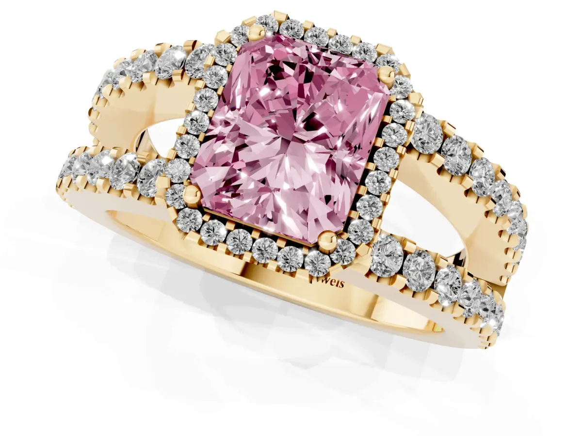 Fancy Pink Radiant Cut Cut Halo Split Shank Diamond Ring with Four-Prong Setting Yellow gold