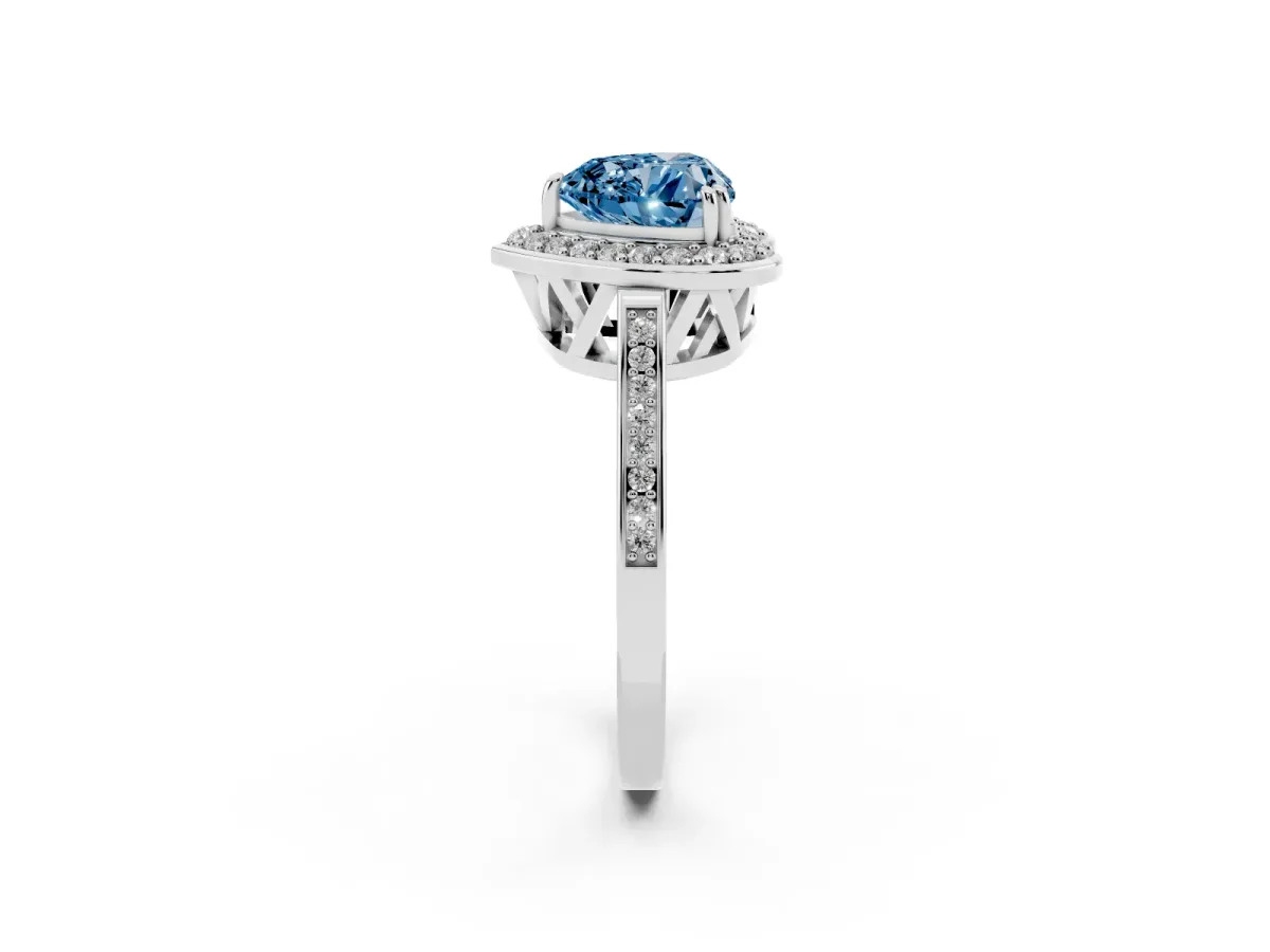 Fancy Blue Heart Cut Diamond Halo Ring with Split Shank and Four-Prong Setting Silver