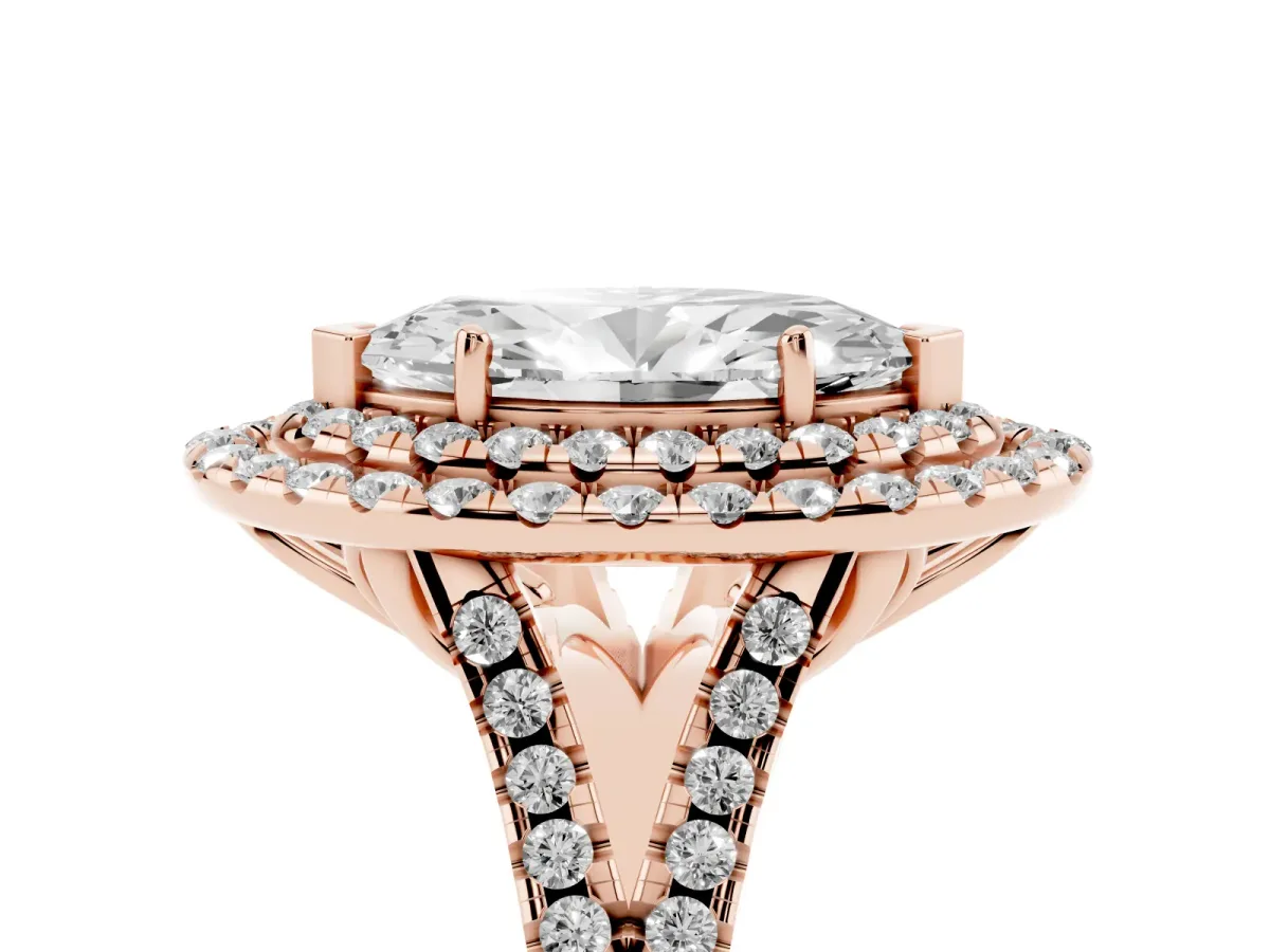 Double Halo Marquise Cut Diamond Pavé Split Shank Ring with Prong Setting Rose gold