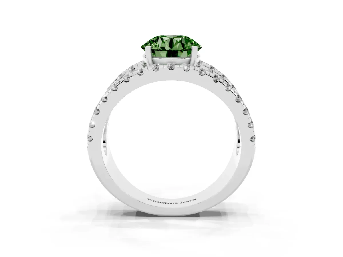 Fancy Green Round Cut Solitaire Split Shank Pave Diamond Ring Silver