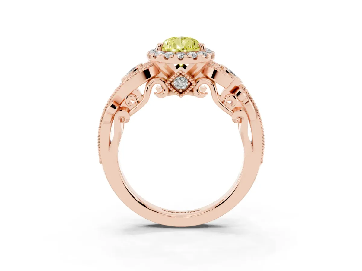 Fancy Yellow Pear Cut Diamond Halo Ring with Milgrain Pavé Band and Four-Prong Setting Rose gold