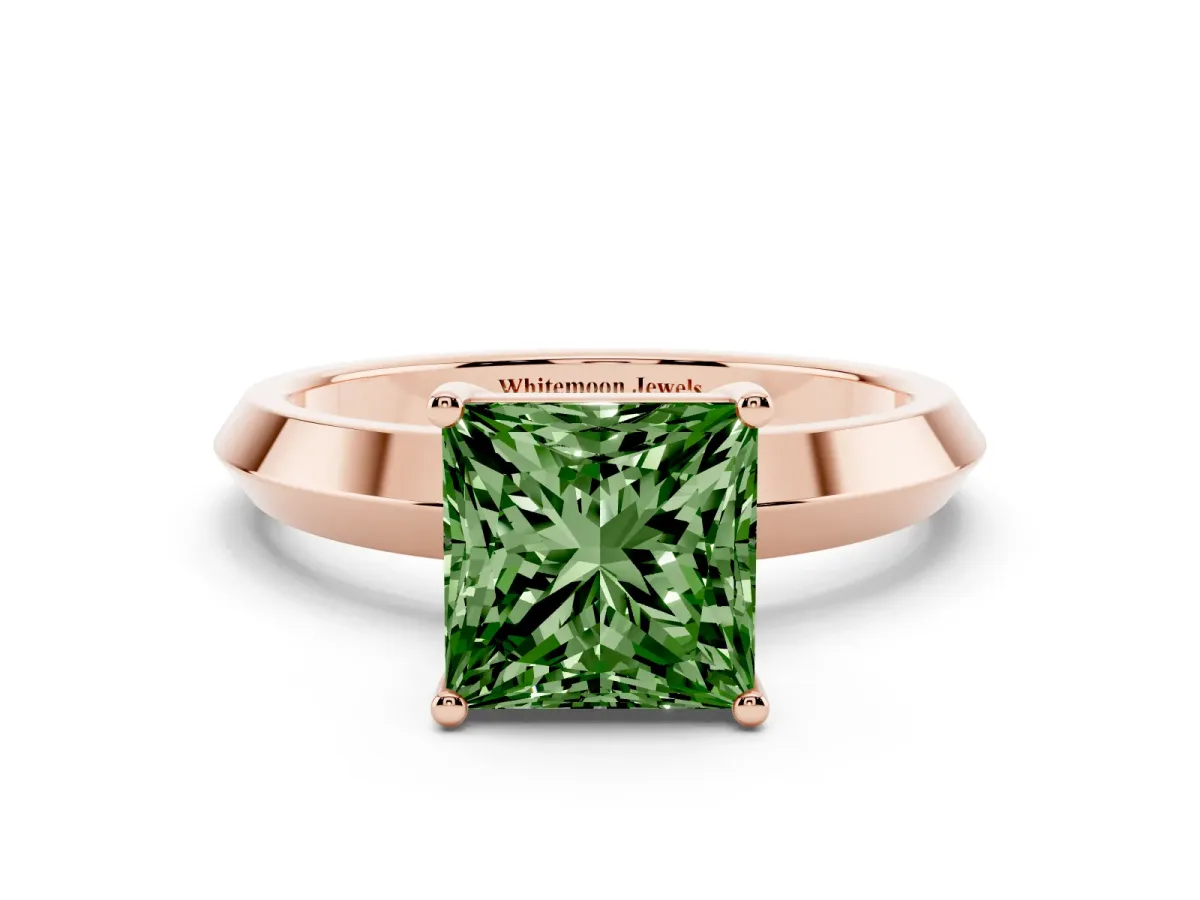 Fancy Green Princess Cut Cut Solitaire Engagement Ring with Flat Band and Four-Prong Setting Rose gold