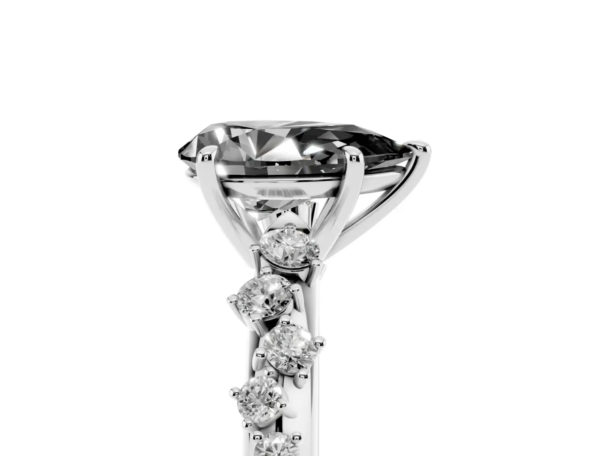 Fancy Black Pear Cut Diamond Cluster Side Stone Solitaire Ring with Prong Setting Silver