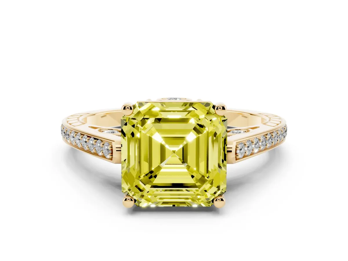 Fancy Yellow Asscher Cut Cut Cathedral Pave Diamond Engagement Ring with Six-Prong Setting Yellow gold